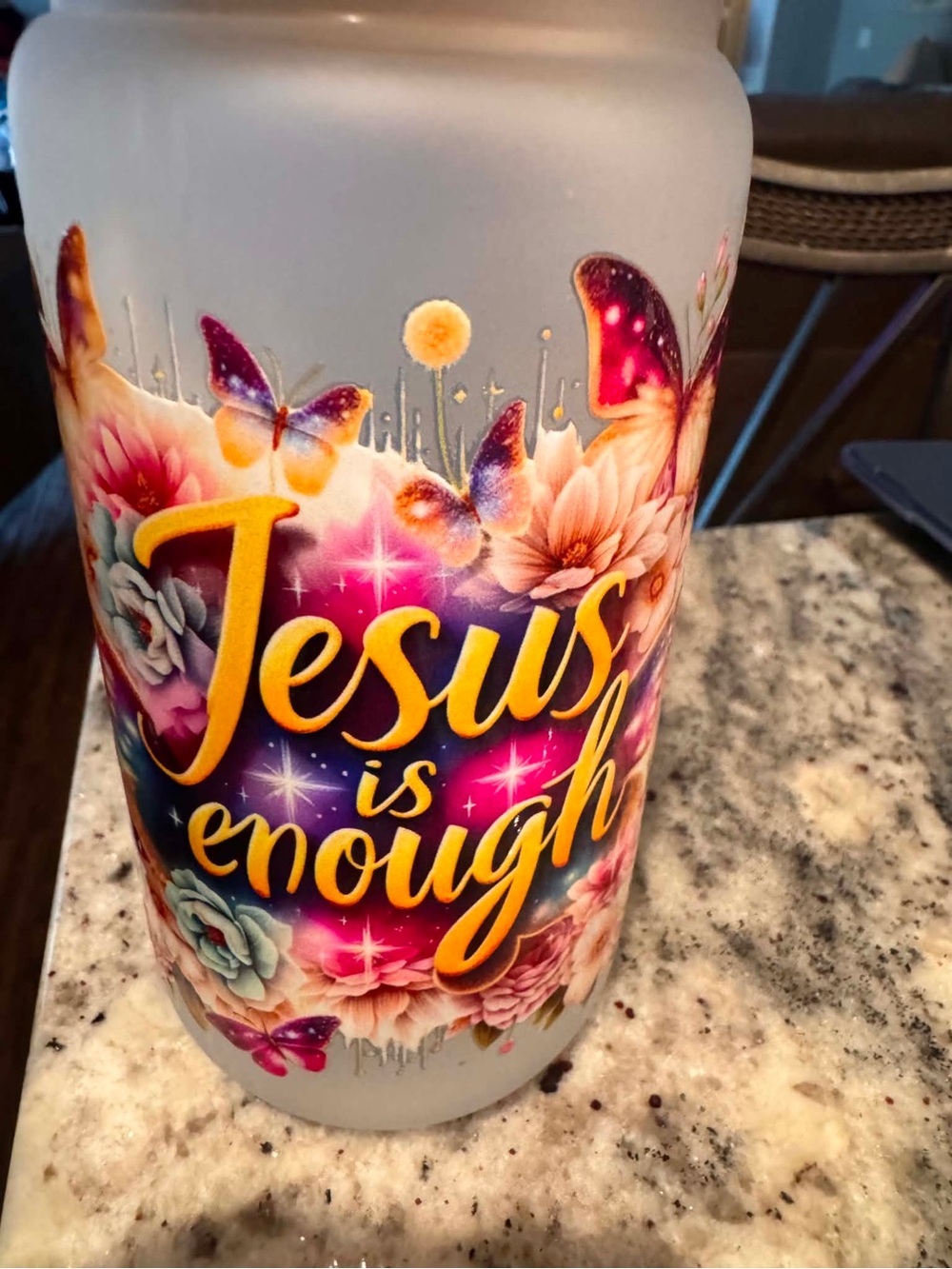 "Jesus Is Enough" Floral & Butterfly CUP - frosted glass NEW IN BOX WITH STRAW